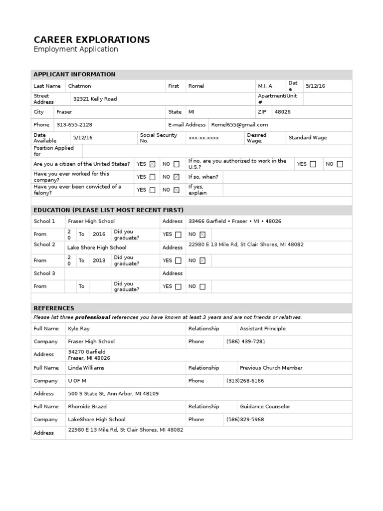 Employment Application for Romel Chatmon | PDF | Employment | Labour