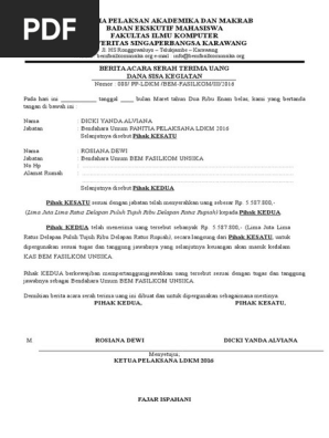 Berita Acara Serah Terima Uang Sisa Contoh surat pernyataan salah transfer uang yang baik sebagai bahan referensi dalam membuat surat pernyataan dengan format resmi.