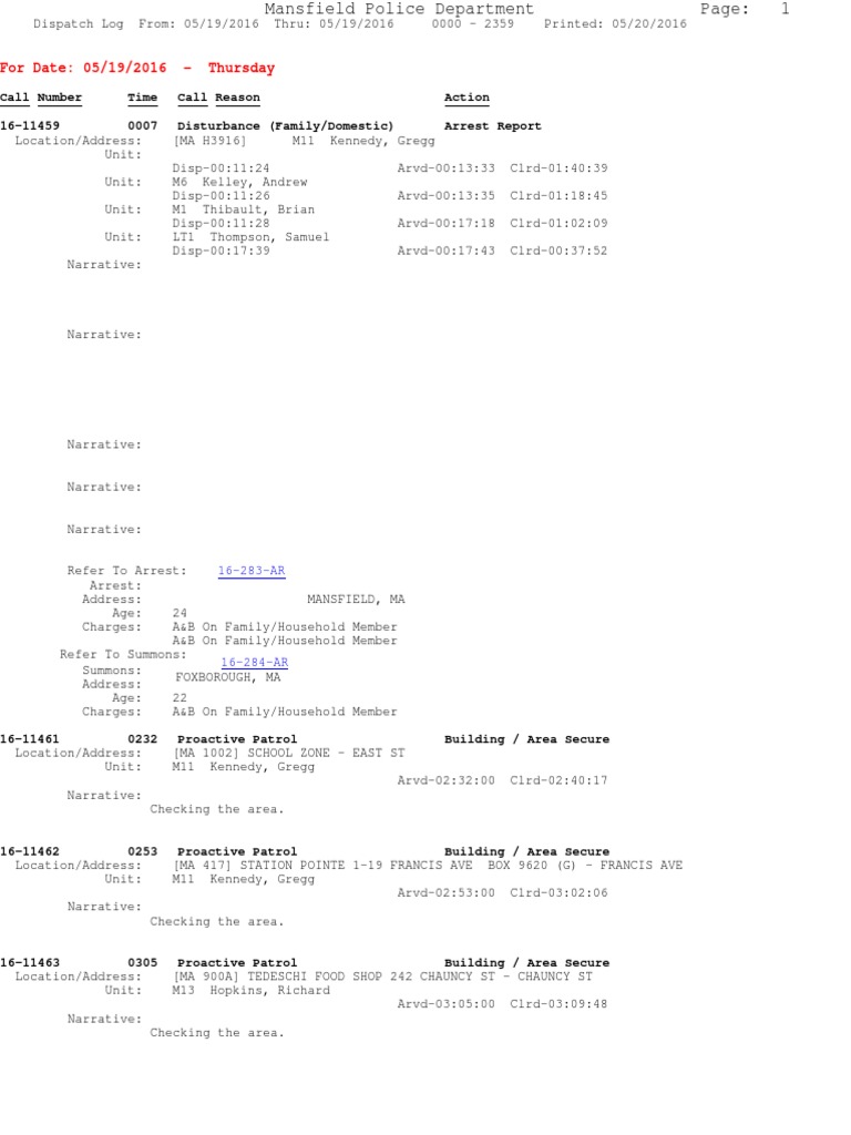 Police Log May 19, 2016 | PDF | Vehicles | Industries