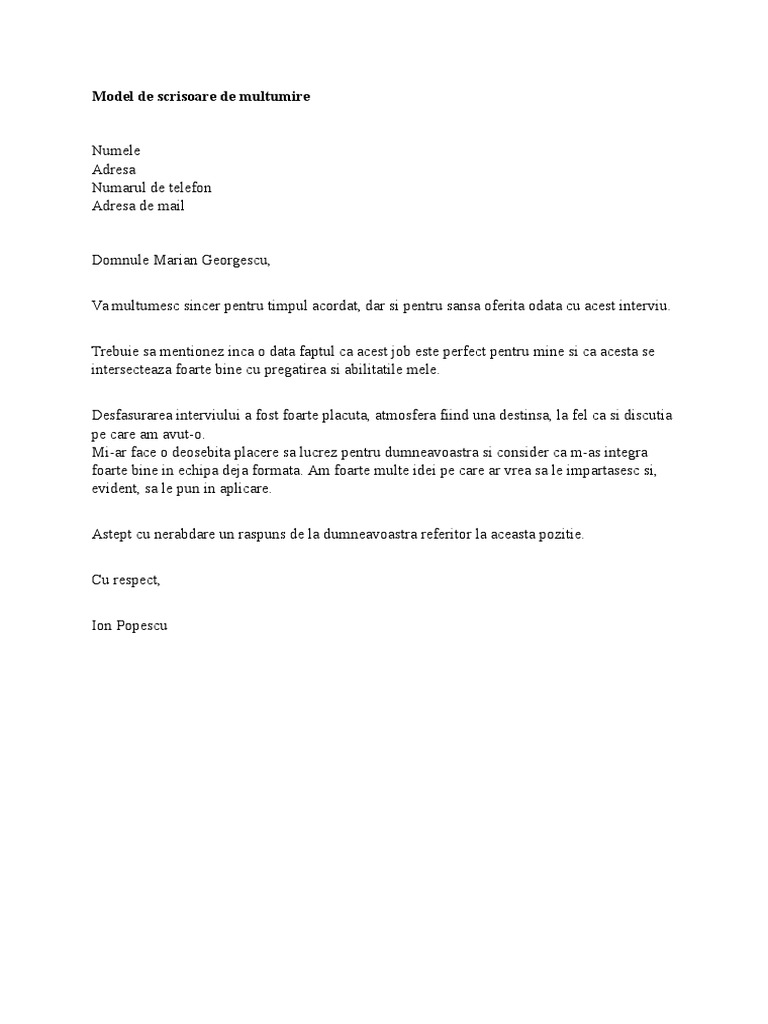 Model Scrisoare Multumire