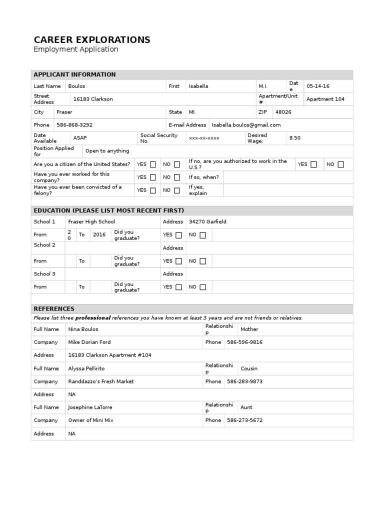 Isabella Boulos Employment Application | PDF | Sports & Recreation ...