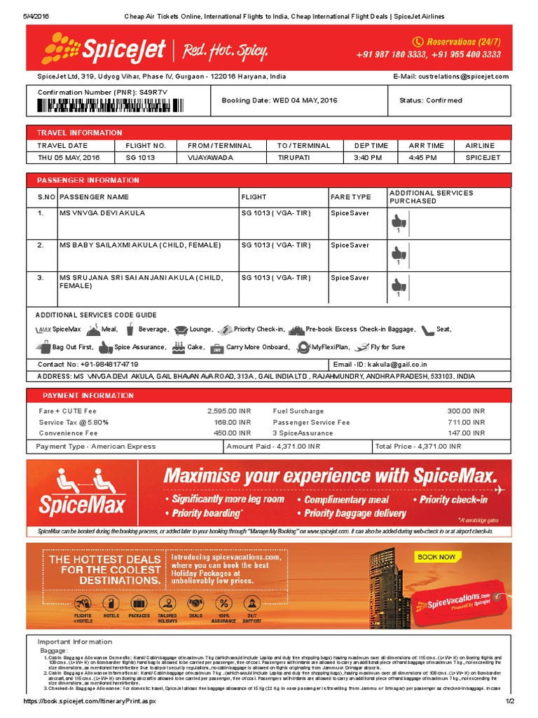 SpiceJet Flight Booking Details | PDF | Identity Document | Baggage