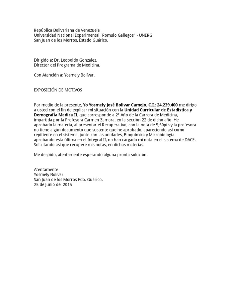 Carta de Exposición de Motivos