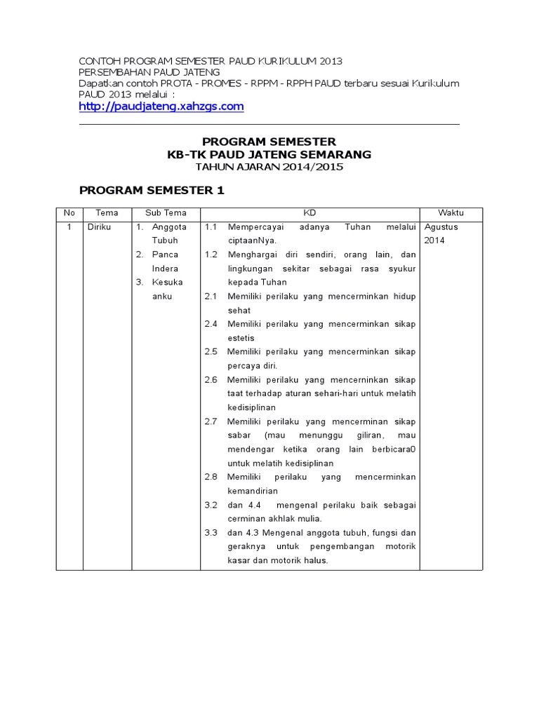 Contoh Program Tahunan Paud Kurikulum 2013 Berbagai Contoh