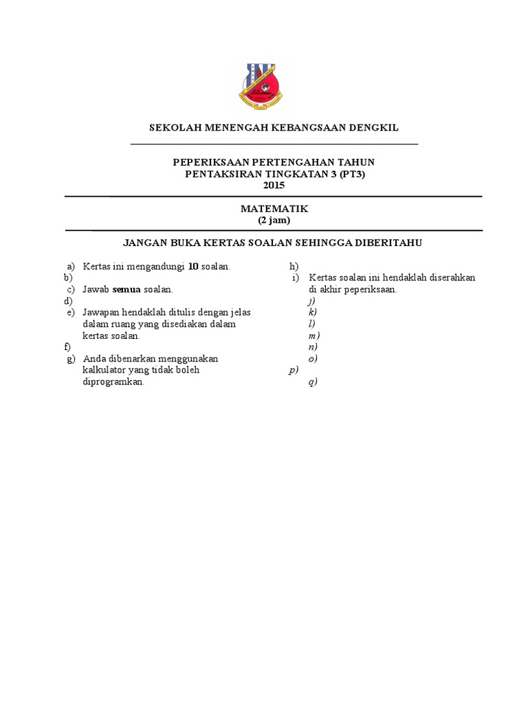 Peperiksaan Pertengahan Tahun Matematik Tingkatan 3 Pdf