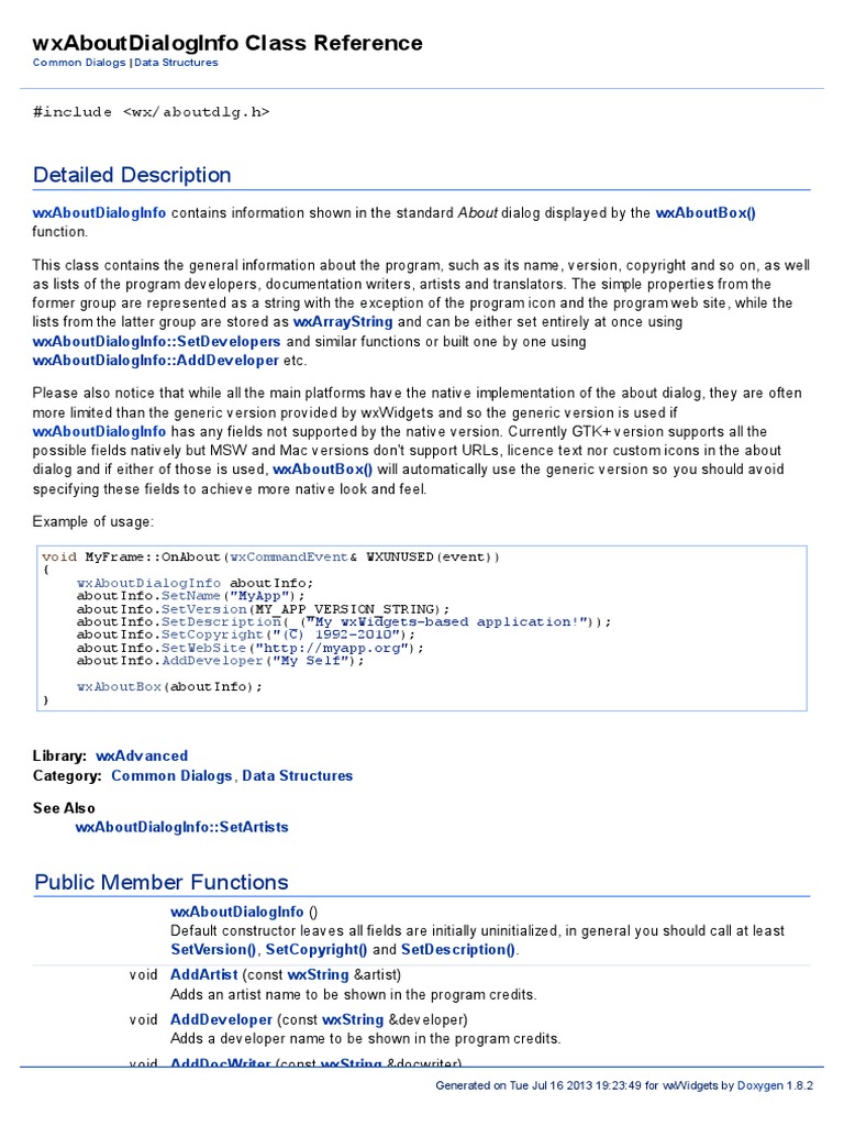WxAboutDialogInfo Class Reference | PDF | C (Programming Language ...