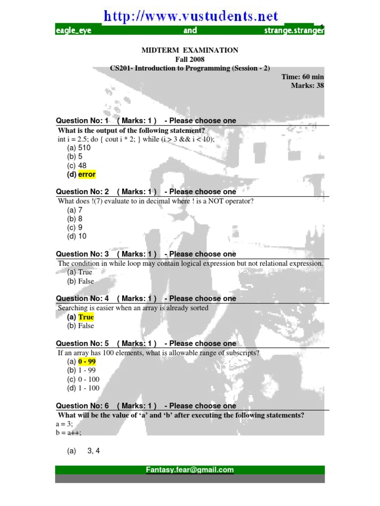 CS201 Midterm Exam Questions | PDF | C (Programming Language) | Pointer ...