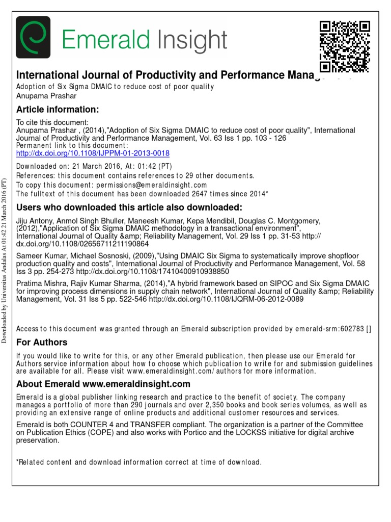 Adoption of Six Sigma DMAIC To Reduce Cost of Poor Quality PDF Six