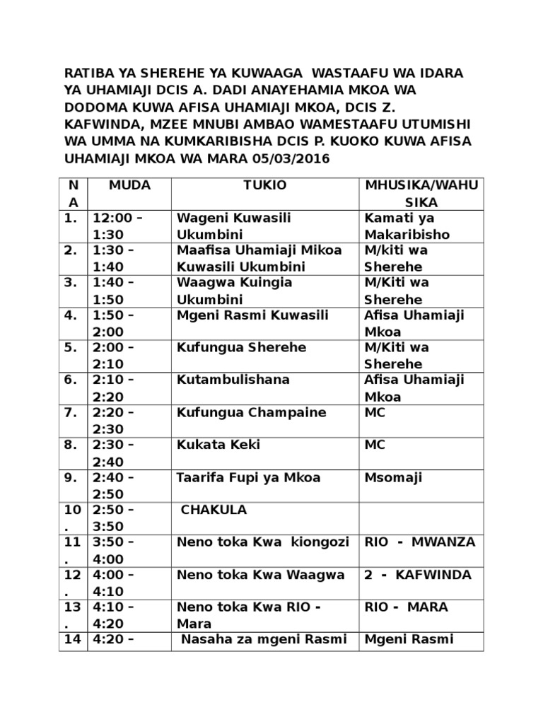 Ratiba Ya Sherehe Ya Kuwaaga Wastaafu Wa Idara Ya Uhamiaji Dcis A | PDF