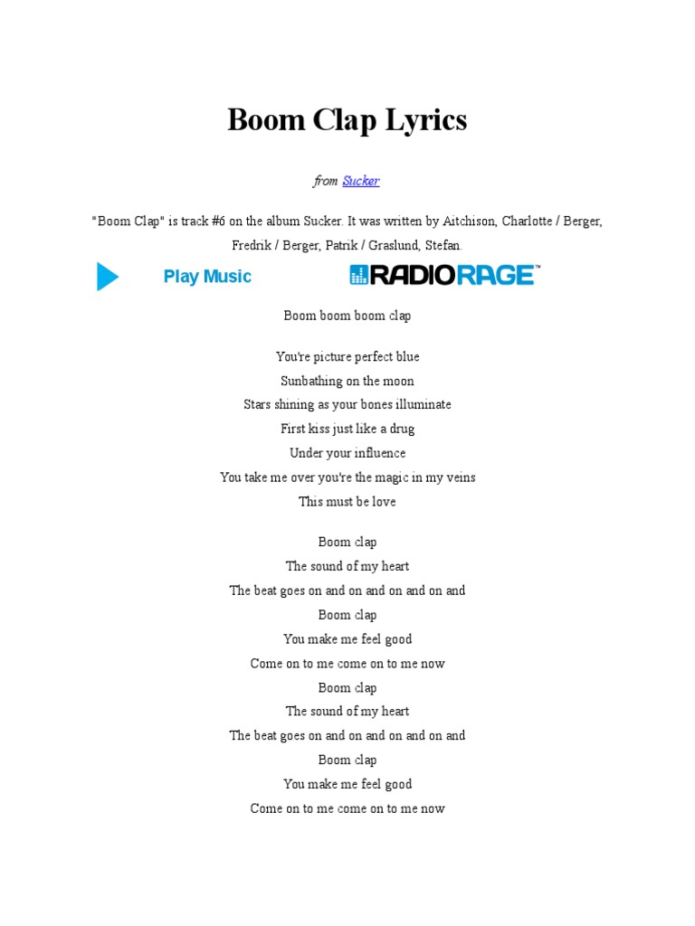 Charli XCX: Boom Clap Lyrics | PDF | Leisure | Entertainment (General), image size:768x1024
