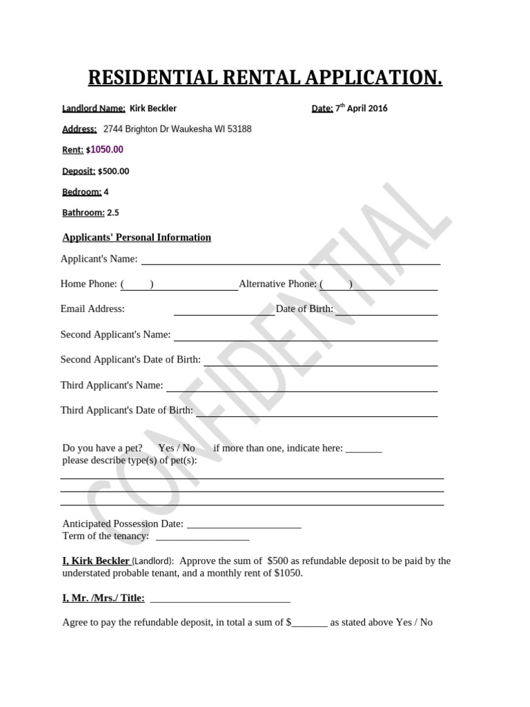 Residential Rental Application.: Applicants' Personal Information | PDF ...
