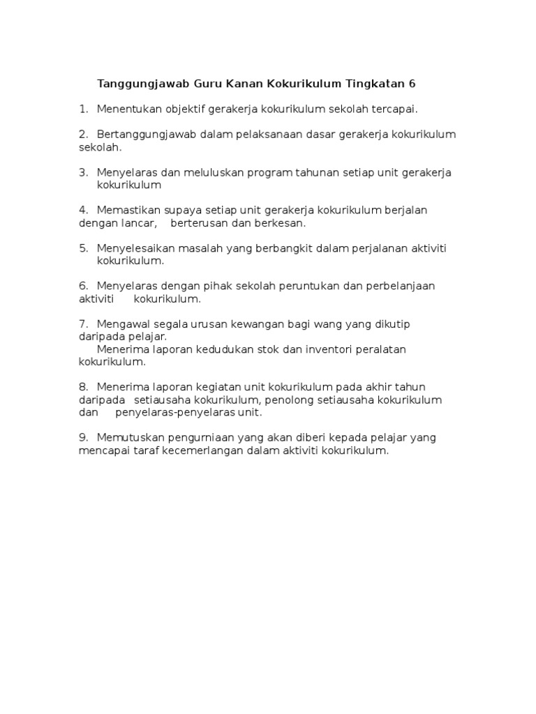 Tanggungjawab Guru Kanan Kokurikulum Tingkatan 6 Tanggungjawab Guru Kanan Kokurikulum Tingkatan 6