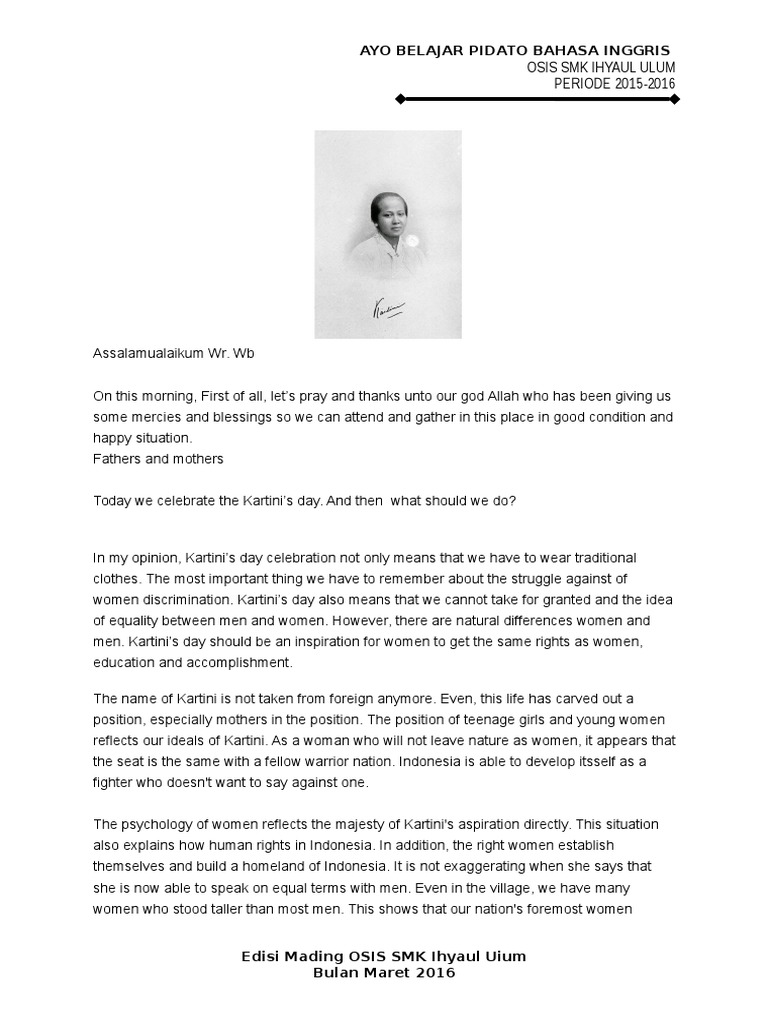 Pidato Bahasa Inggris Tentang Hari Kartini Dengan