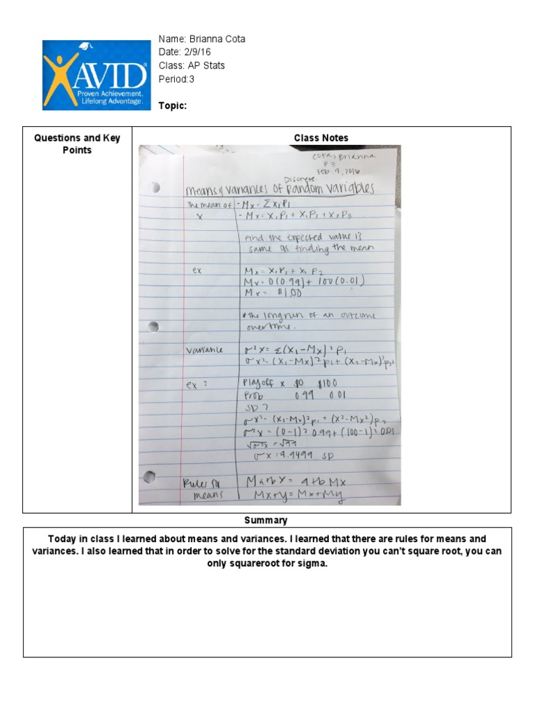 AP Stats Class Notes on Means & Variances | PDF | Career & Growth