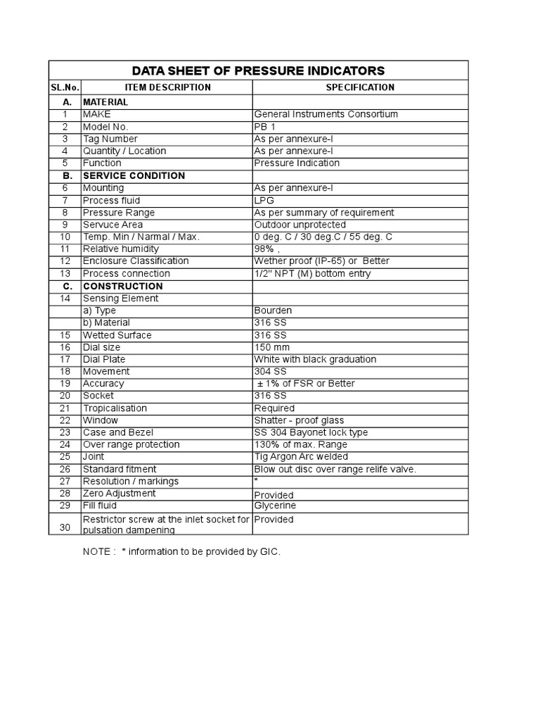 Pressure Indicator Data Sheet PDF Stainless Steel Temperature