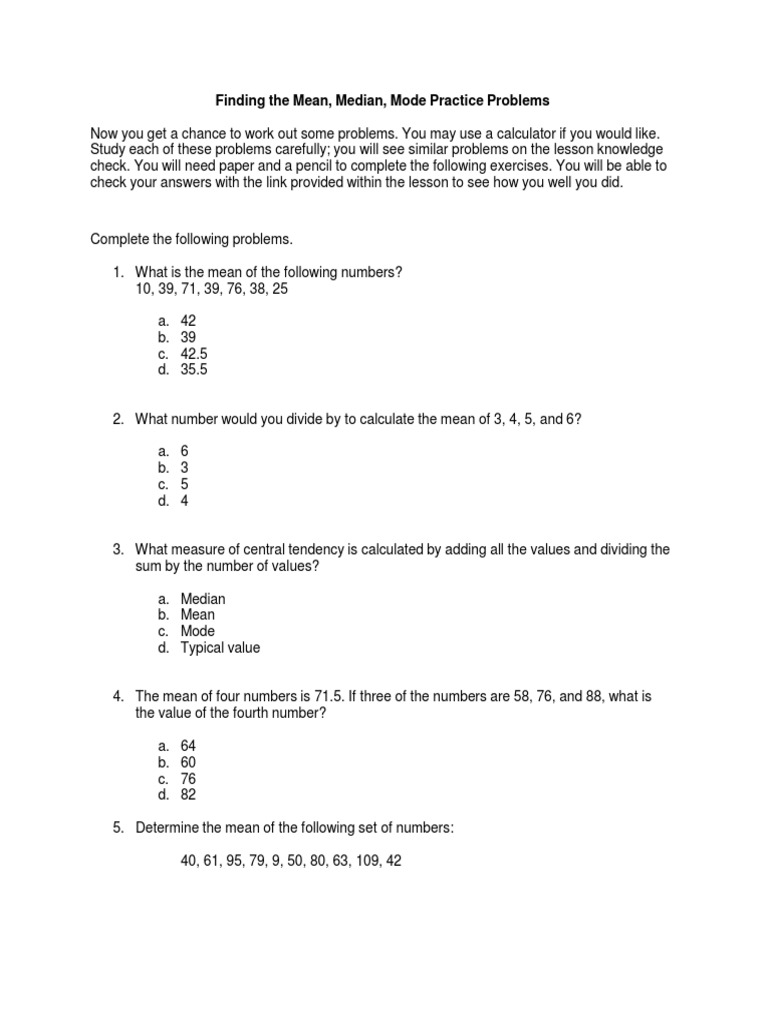 M5 L1 Mean Median Mode Practice Probs | PDF | Mean | Mode (Statistics)