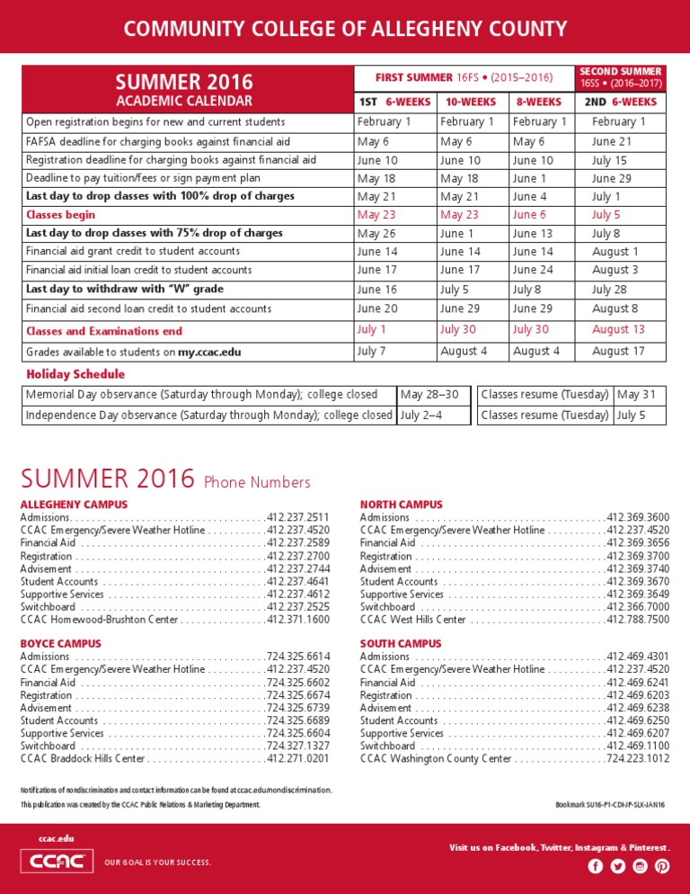 CCAC SUMMER 2016 Academic Calendar PDF Student Financial Aid In The
