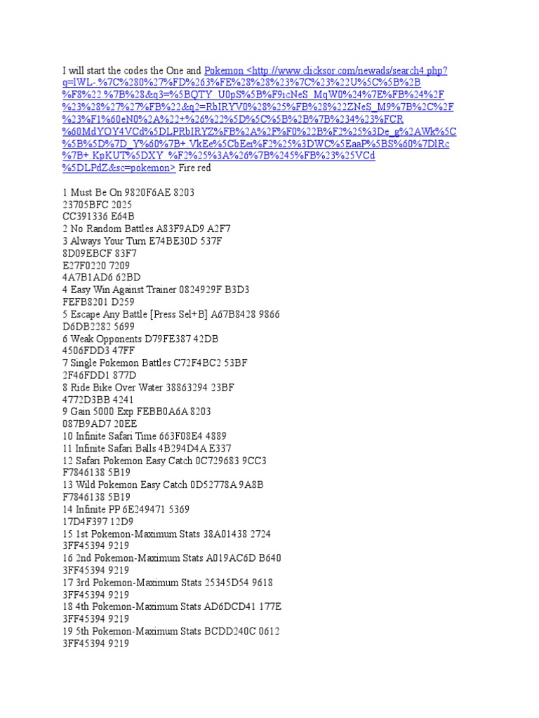Pokemon Fire Red Codes | PDF | Pokémon | Fictional Life Forms
