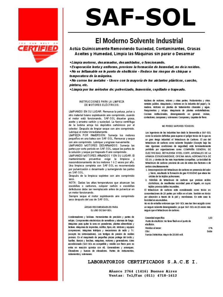 Solvente Industrial SAF-SOL: Limpieza Eficaz | PDF | Química | Materiales