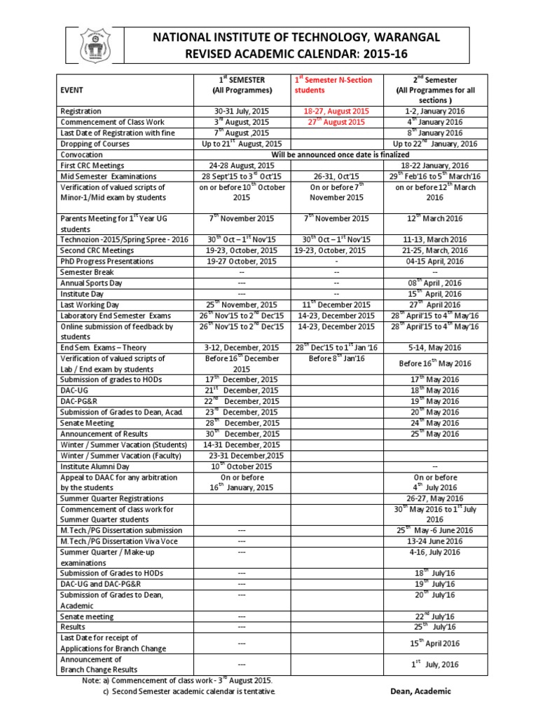 NIT Warangal Academic Calendar 2015-16 | PDF