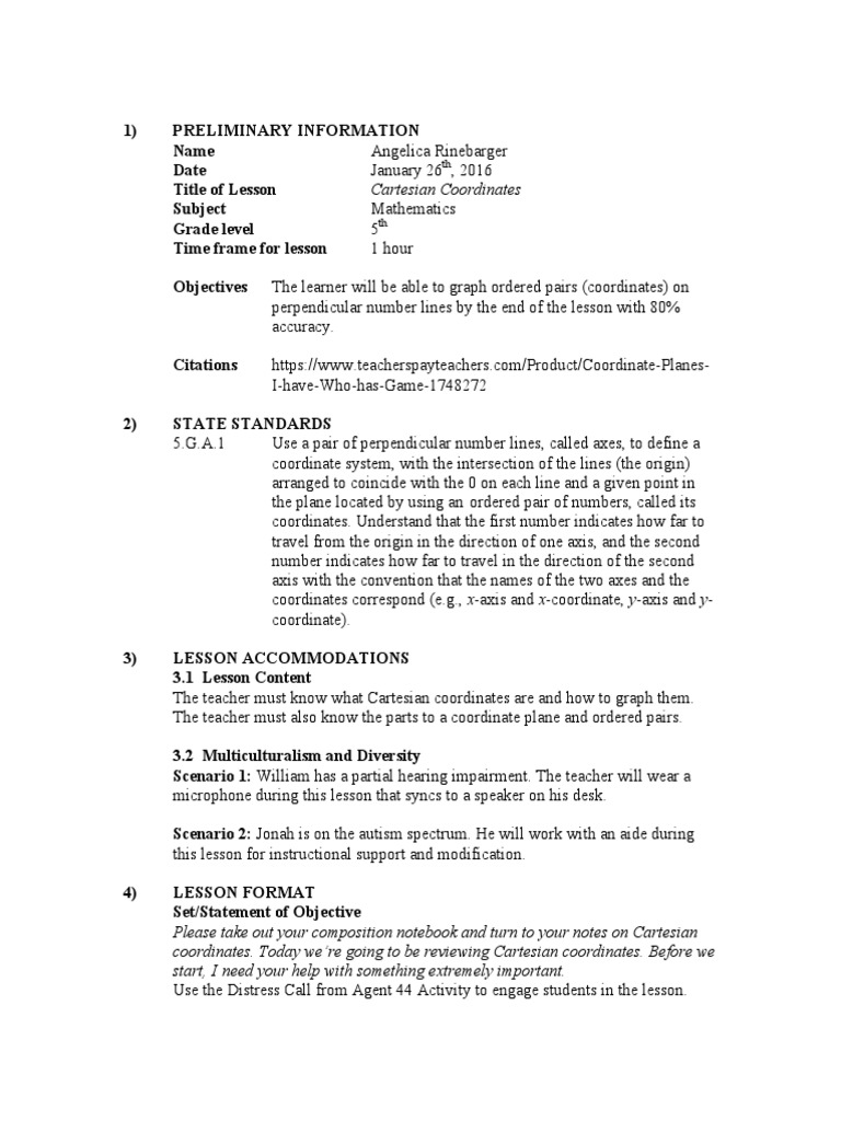Cartesian Coordinates Lesson Plan | PDF | Cartesian Coordinate System ...