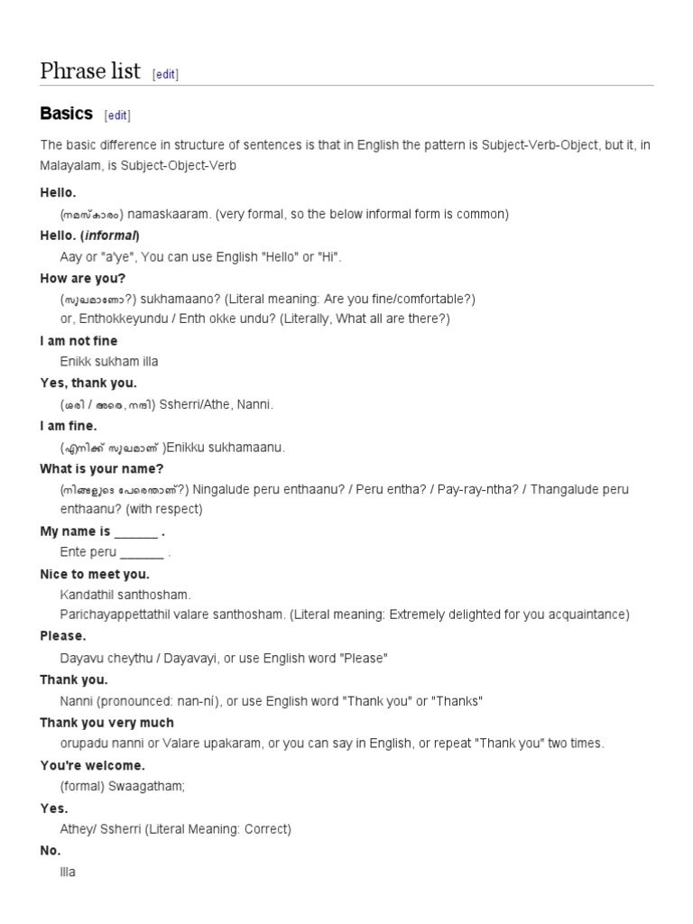 Malayalam Phrasebook PDF Meal Lunch