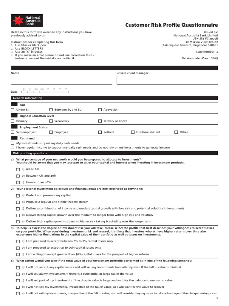 Customer Risk Profile Questionnaire | Investing | Risk