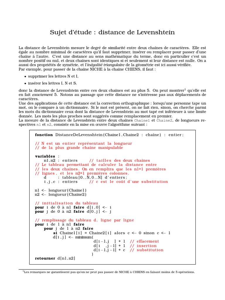 Distance de Levenshtein et algorithme | PDF | Distance | Mathématiques ...