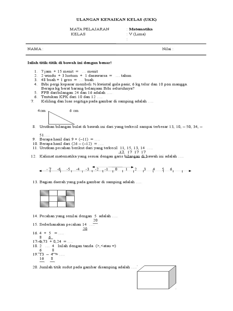 Soal Ukk Matematika Kelas 4as 1