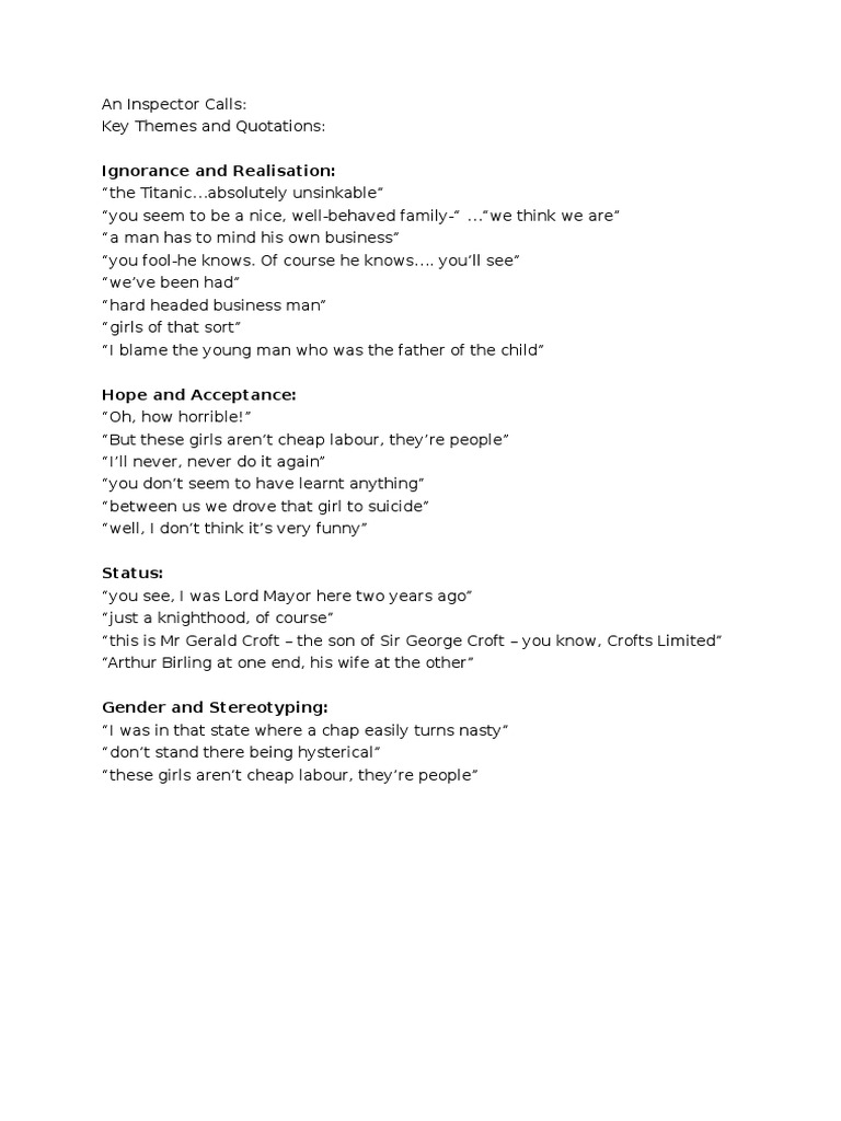 An Inspector Calls Key Quotes | PDF