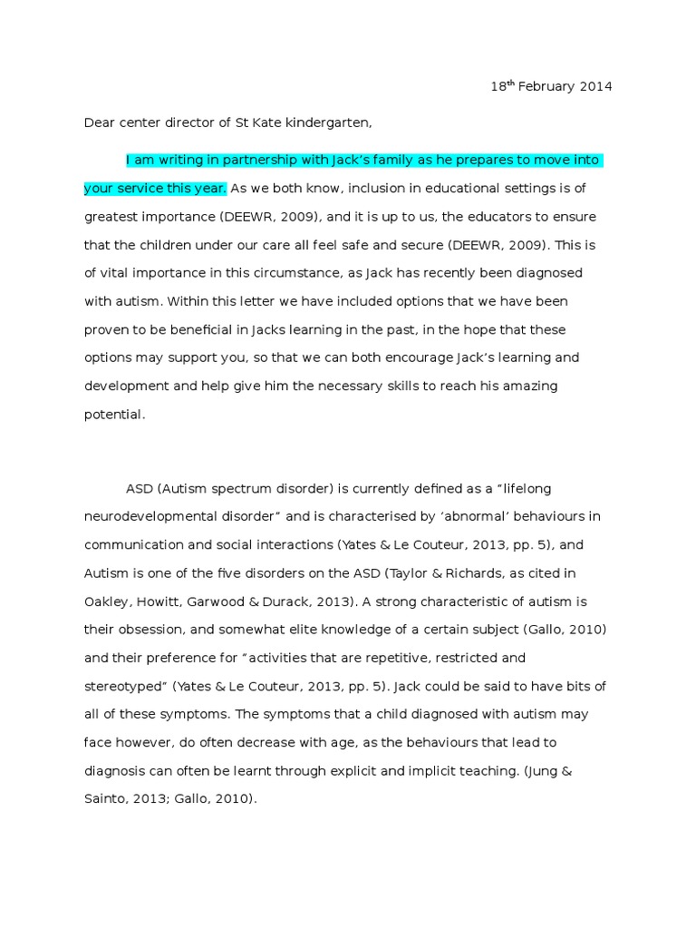 Advocacy Letter | PDF | Autism | Autism Spectrum