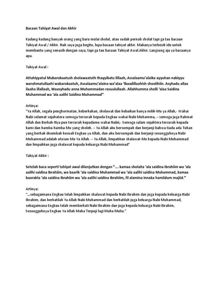Bacaan Tahiyat Awal Dan Akhir