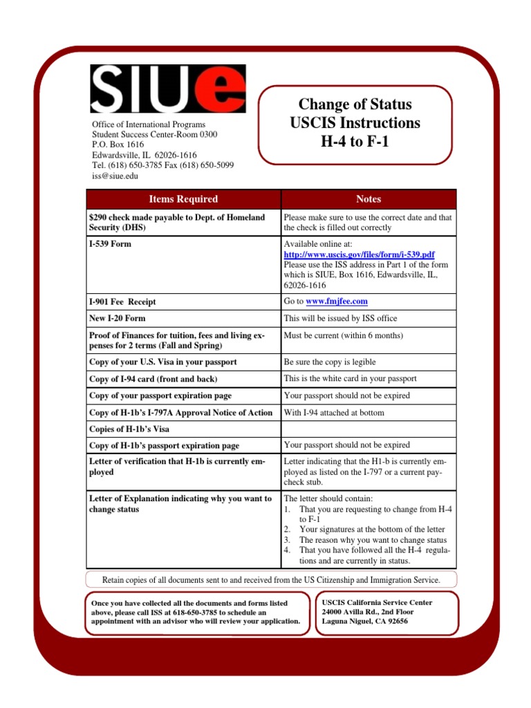 Change of Status USCIS Instructions H4 To F1 Items Required Notes PDF