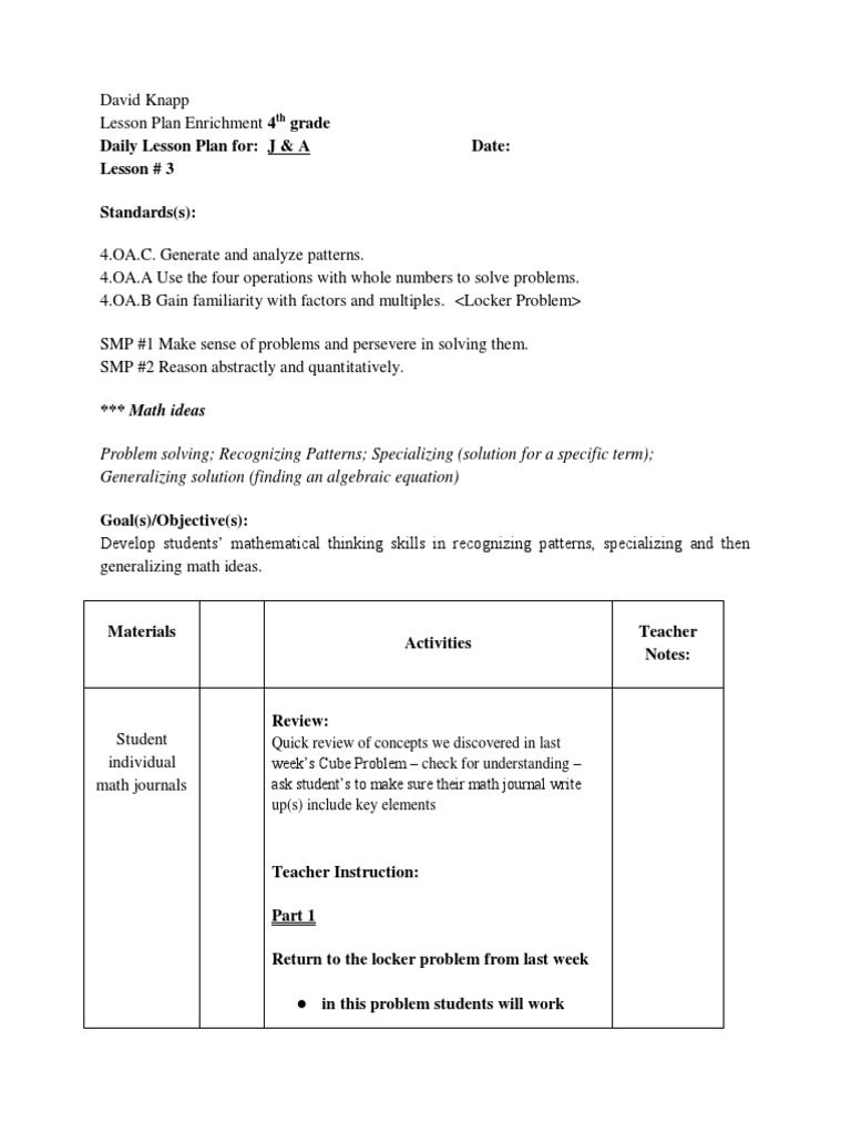 4th Grade Math Lesson Plan: Patterns | PDF | Lesson Plan | Teaching ...
