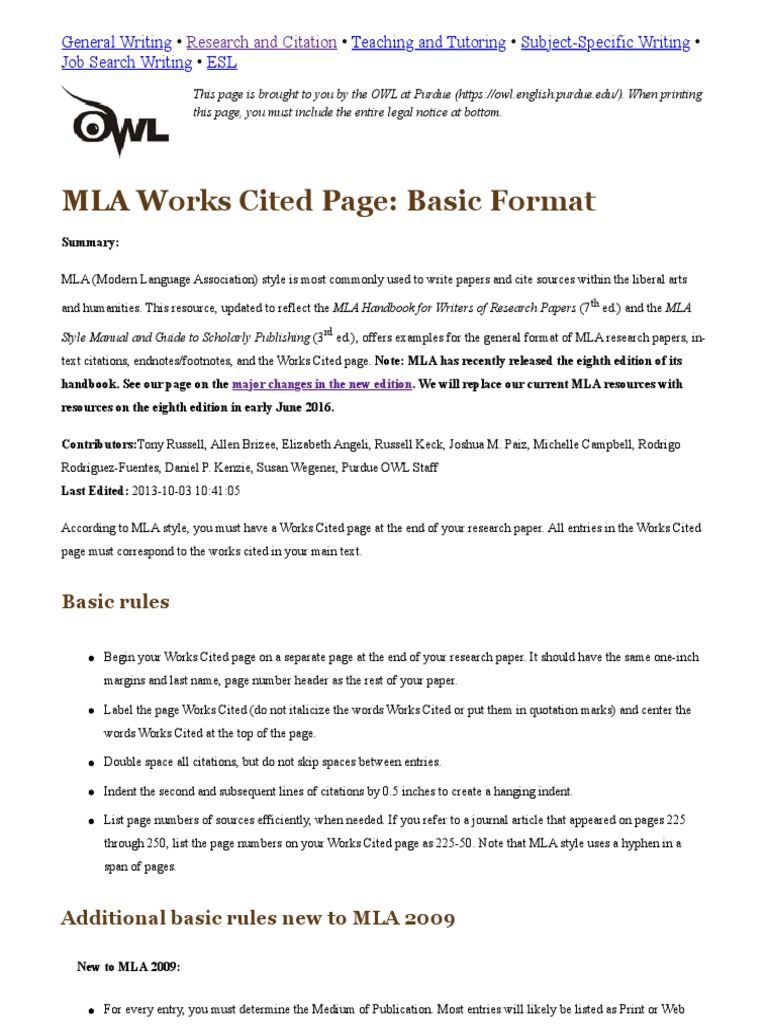 Purdue Owl Mla Formatting and Style Guide PDF Citation Human
