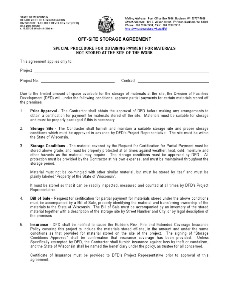 DOA4528 Off Site Storage Agreement PDF General Contractor Insurance