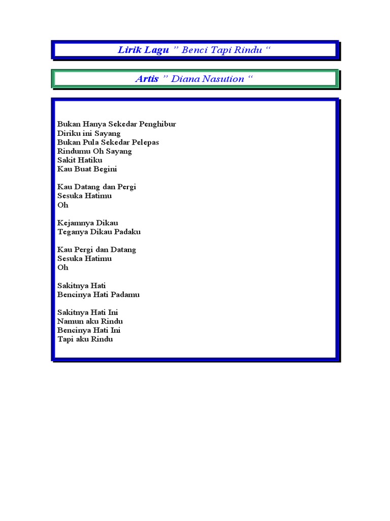 Lirik Lagu Benci Tapi Rindu Artis Diana Nasution