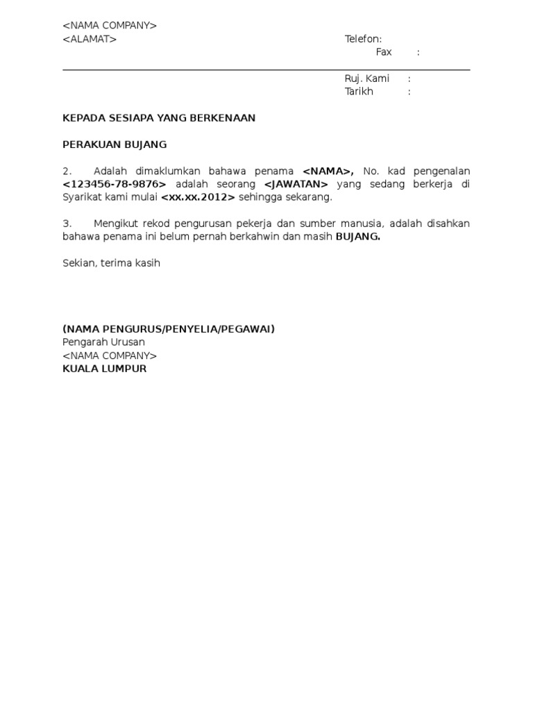 Contoh Surat Akuan Bujang Kepada Ketua Kampung