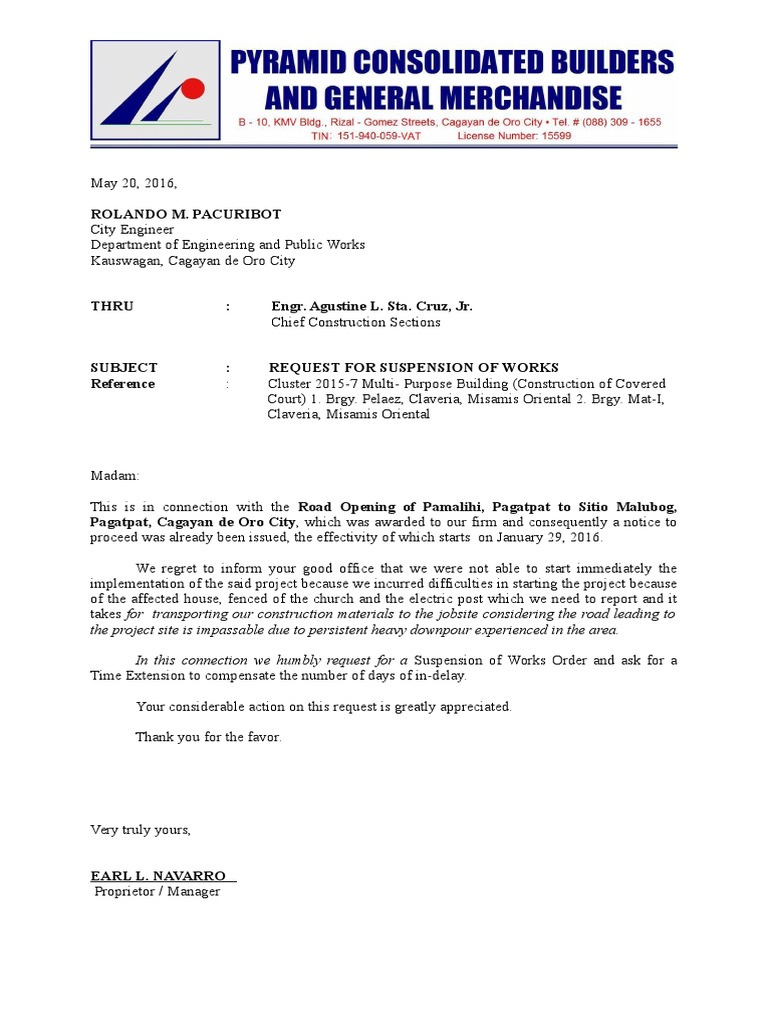 Request for Work Suspension and Time Extension | PDF