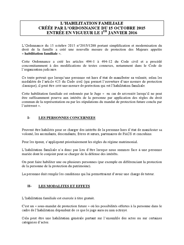 L'Habilitation Familiale Créée Par l'Ordonnance Du 15 Octobre 2015