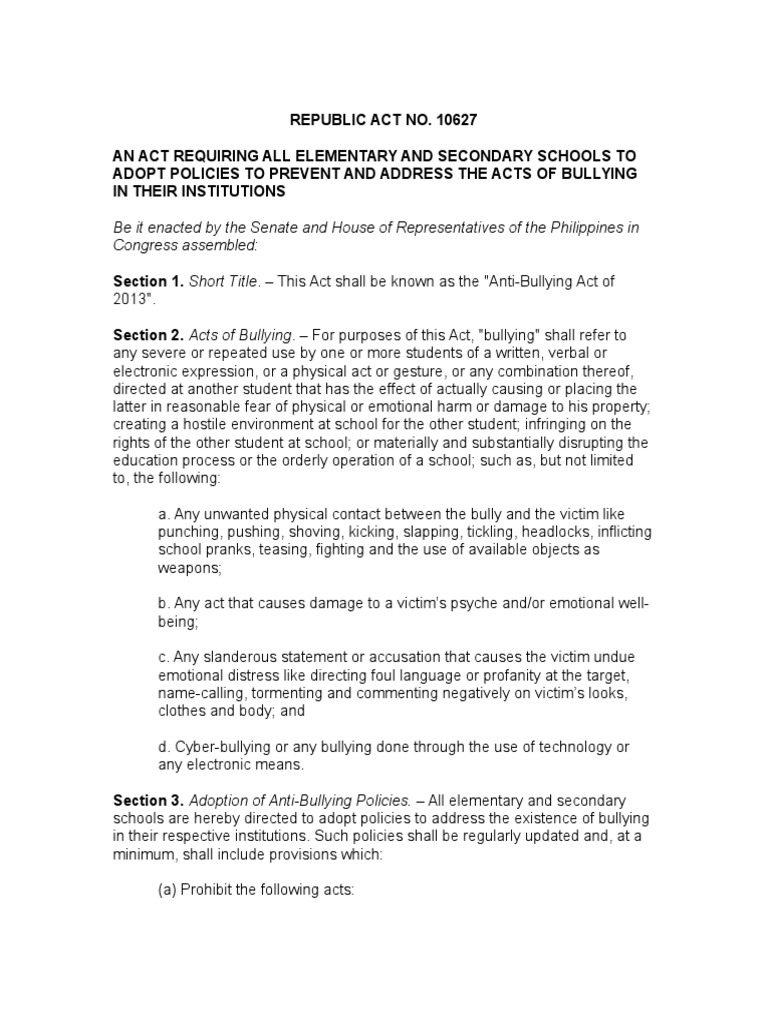 Anti-Bullying Act of 2013 (RA No. 10627) | PDF | Bullying | Common Law