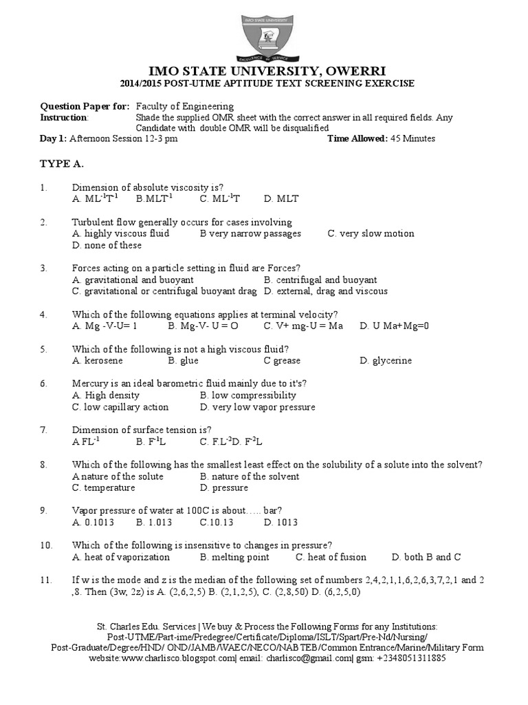IMo State University Post-UTME Questions | PDF | Retail | Drag (Physics)