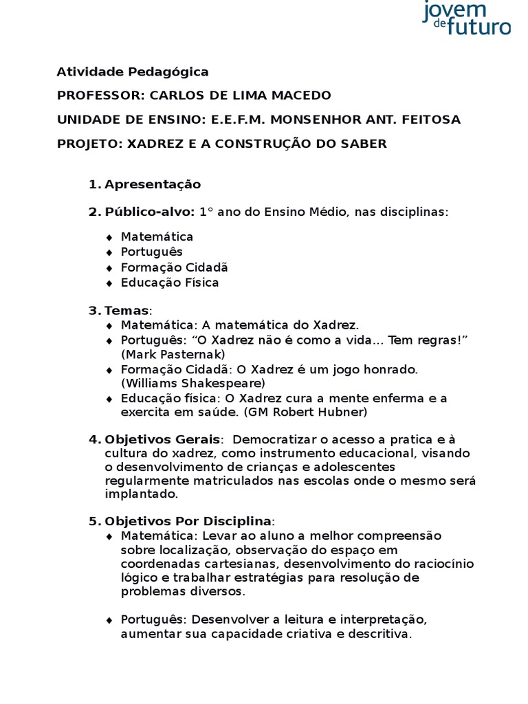 Sequência de Aulas - Regras básicas do Xadrez - Disciplina - Educação Física