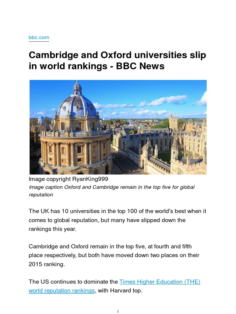 Cambridge and Oxford Universities Slip in World Rankings | PDF ...