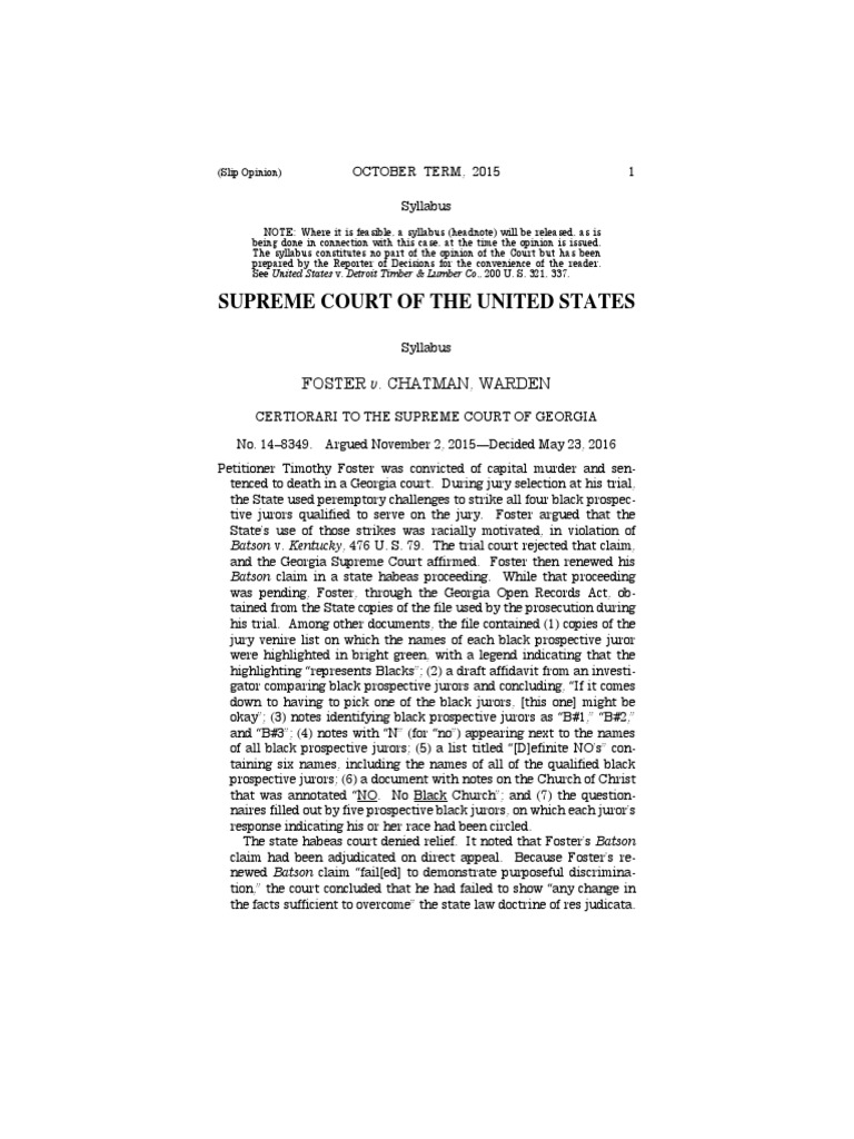 FOSTER v. CHATMAN, WARDEN PDF Batson V. Kentucky Government