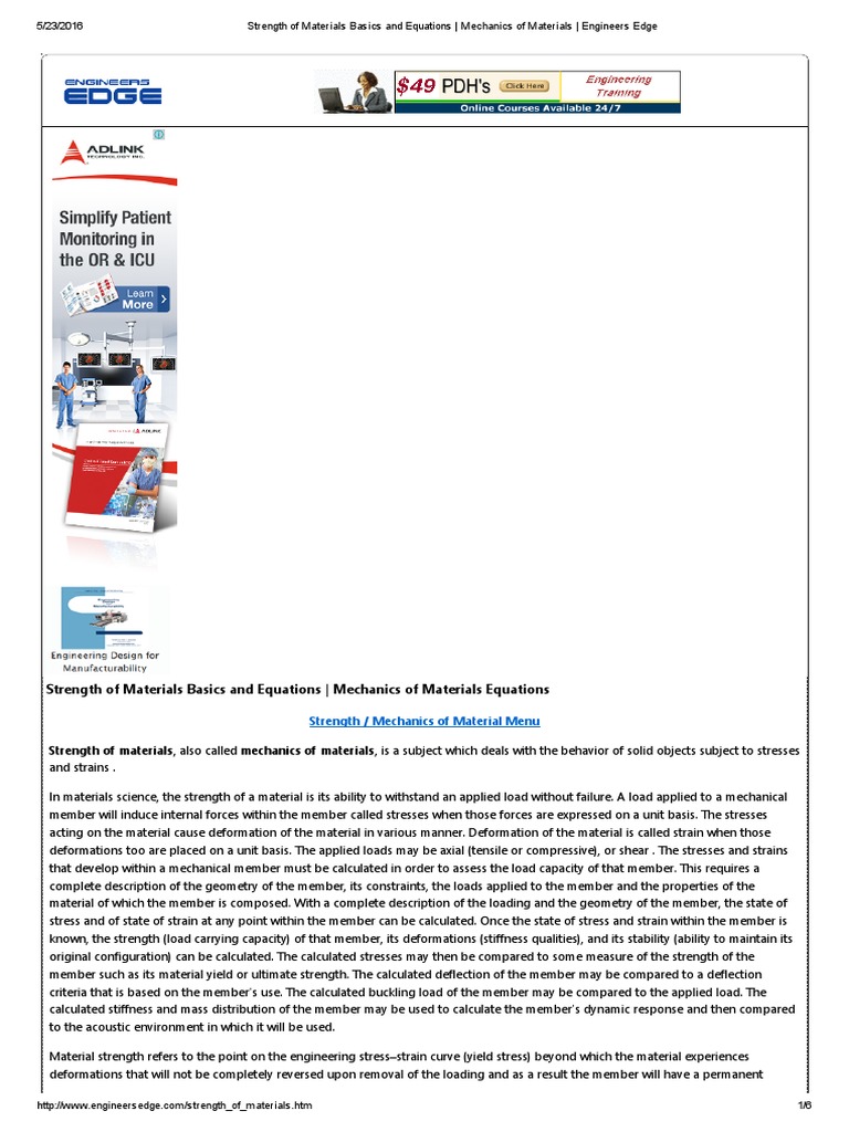 Strength of Materials Basics and Equations Mechanics of Materials