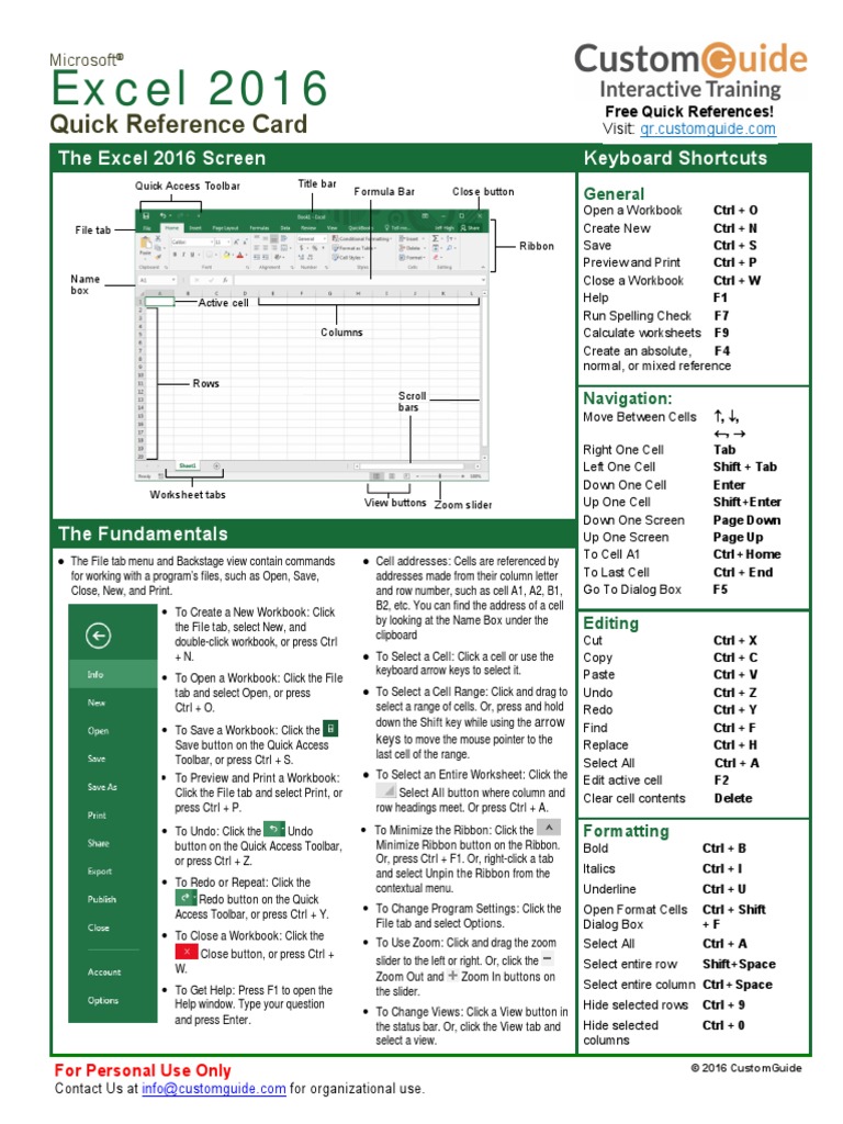 Microsoft Excel 2016 Quick Reference Card - 2016 CustomGuide | Tab (Gui ...