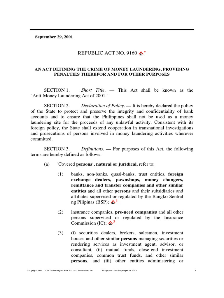 Ra 9160 Amla Law | PDF | Asset Forfeiture | Money Laundering