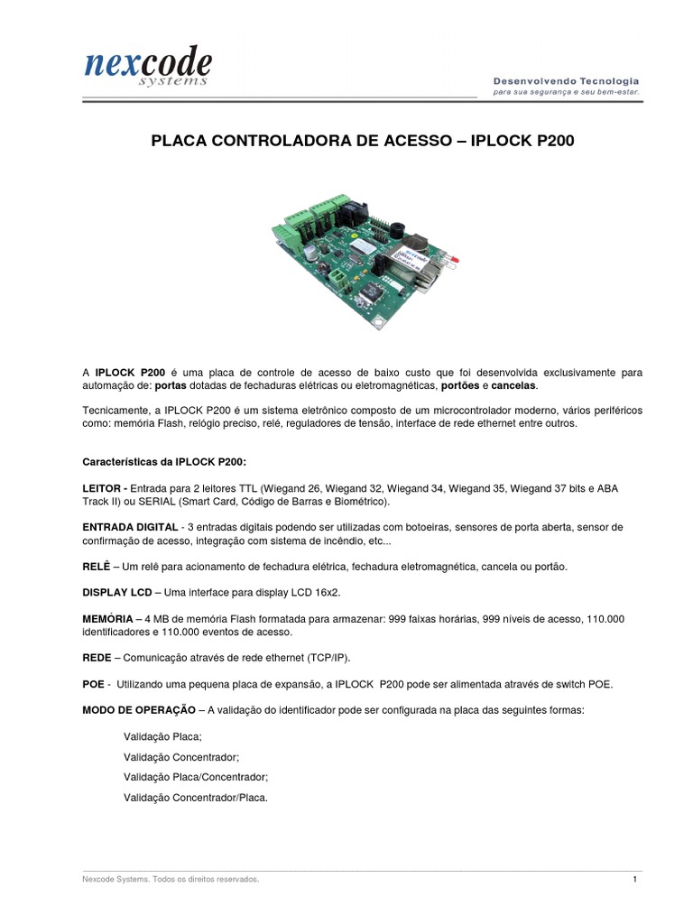 Placa de Acesso IPLOCK P200: Características e Funcionalidades | PDF