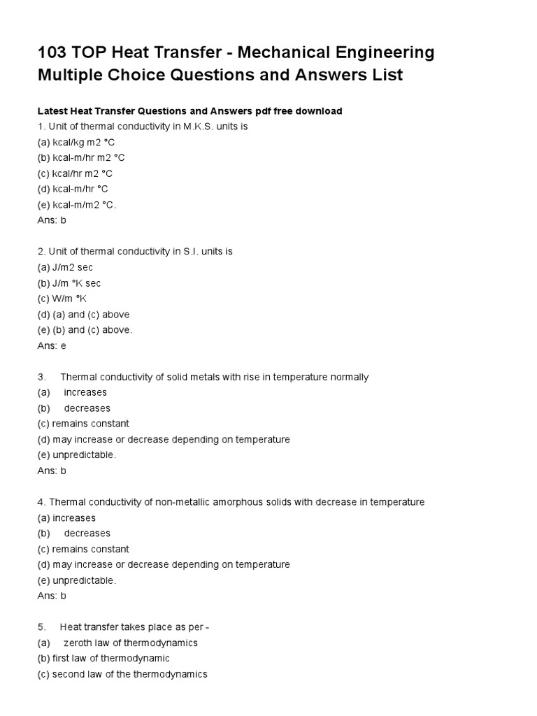 Heat Transfer Mechanical Engineering Multiple Choice Questions and